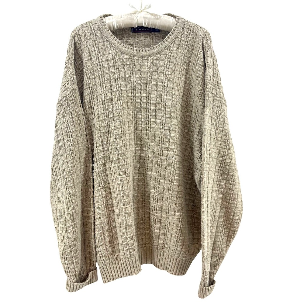 Vtg Roundtree & Yorke Waffle Knit Sweater Mens L Beige Chunky Fisherman Grandpa